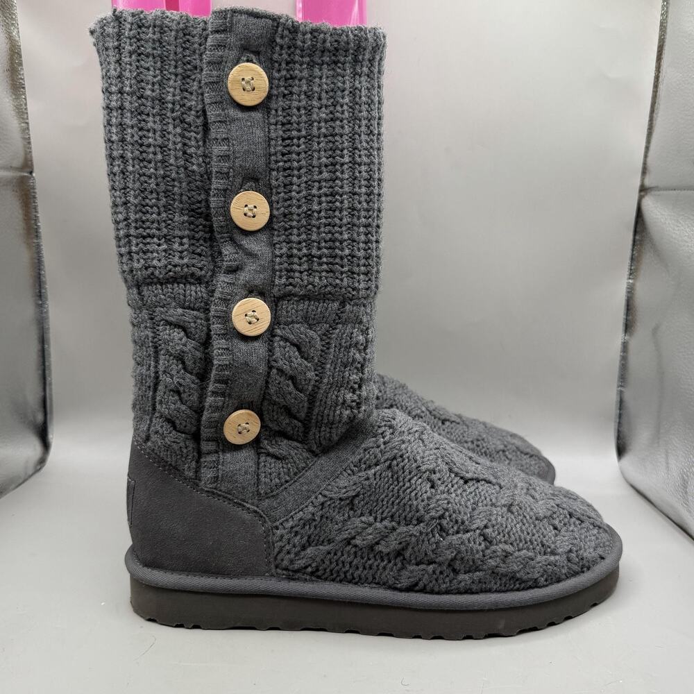 UGG Leland Cable Knit Button Boots Womens Size 10 Gray Sweater Winter 1000464